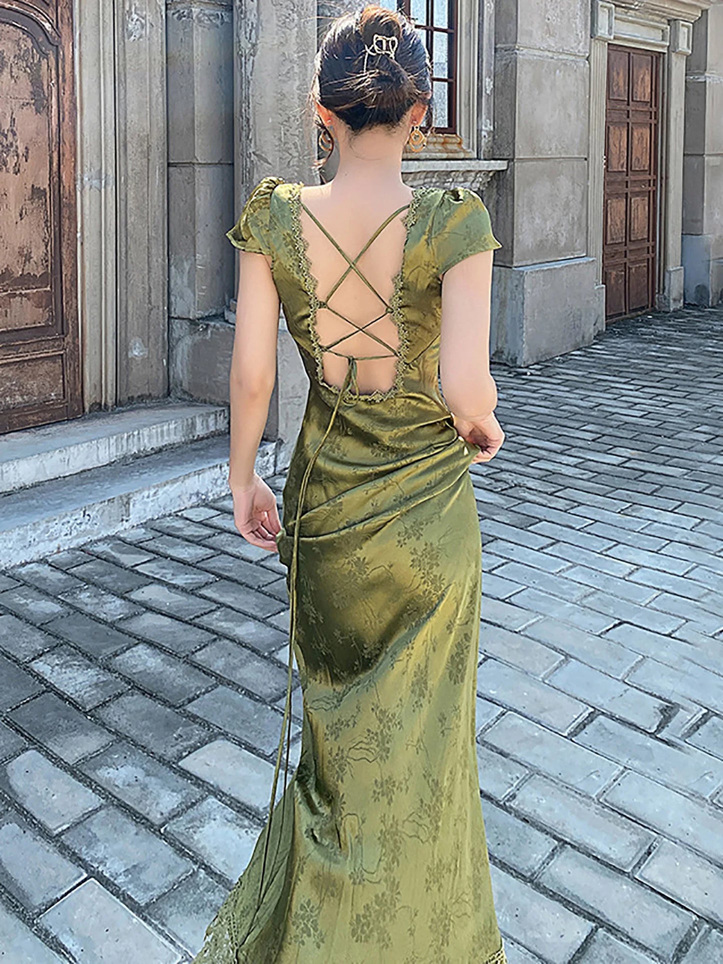 2025 New Summer Women's Long Dress Turquoise Green V-neck Backless Satin Jacquard Slim Elegant Party Evening Sexy Female Dresses