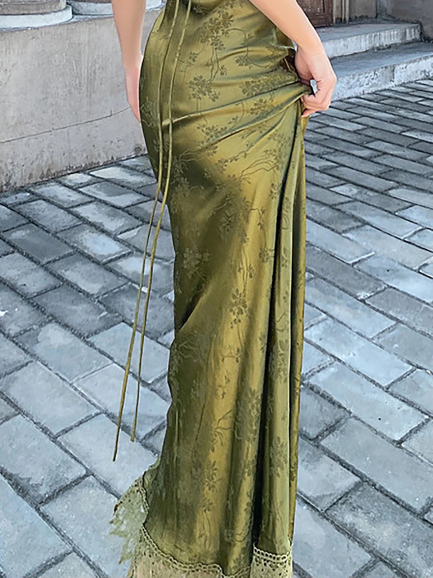 2025 New Summer Women's Long Dress Turquoise Green V-neck Backless Satin Jacquard Slim Elegant Party Evening Sexy Female Dresses
