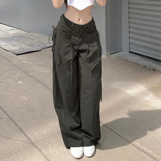 Vintage Chic Solid Drawstring Trousers Y2K Loose Streetwear Joggers Cargo Pants Women Casual Baggy Wide Leg Sweatpants Fashion