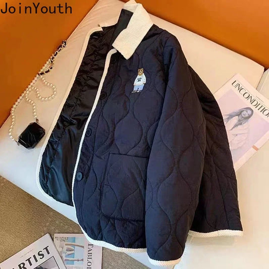Korean Parkas Cute Bear Embroidery Oversized Jackets 2025 Ropa Mujer Fall Winter Clothes Casual Fashion Warm Vintage Coat Tops