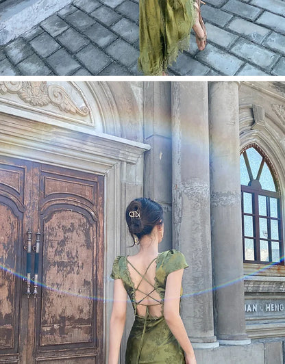 2025 New Summer Women's Long Dress Turquoise Green V-neck Backless Satin Jacquard Slim Elegant Party Evening Sexy Female Dresses