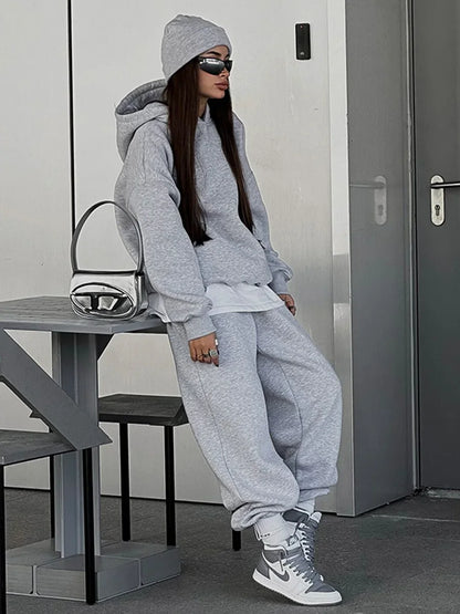 Wolfeel Solid Color Hoodies Pants  2-Pieces Sets Winter Thicken Fleece Women's Sweatshirt Oversized Fashion Warm Pullovers Sets