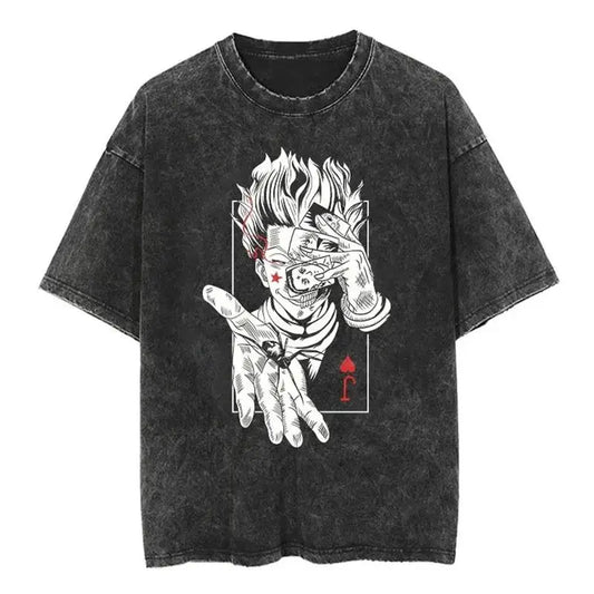 HUNTER×HUNTER Hisoka Street Washed T Shirt Clothing Oversized T-Shirt Anime Print Vintage Cotton T-Shirt Short Sleeve T Shirt