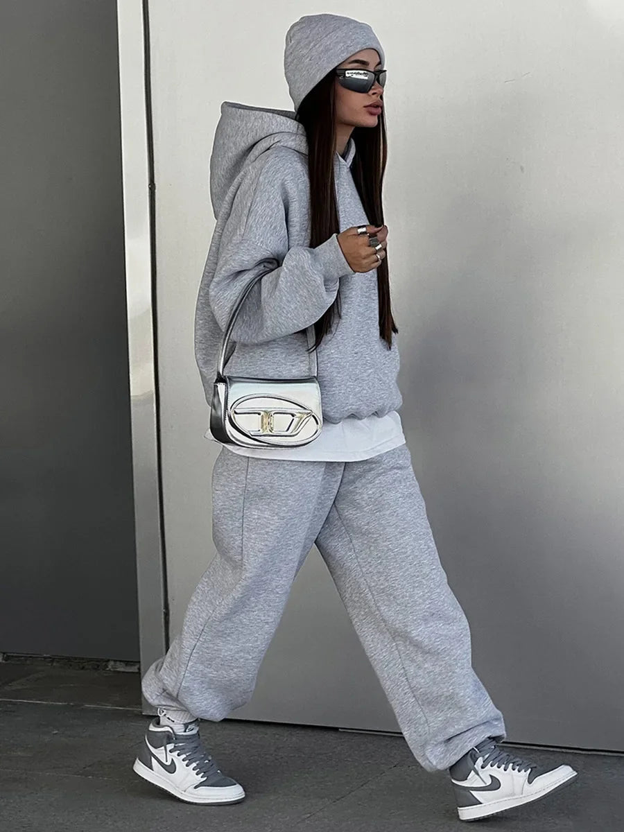 Wolfeel Solid Color Hoodies Pants  2-Pieces Sets Winter Thicken Fleece Women's Sweatshirt Oversized Fashion Warm Pullovers Sets