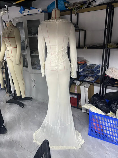 Women Sexy Mesh Sheer Maxi Dress Y2k Floral See Through Low Cut Backless Bodycon Fitted Long Dress Party Dress Night Gown