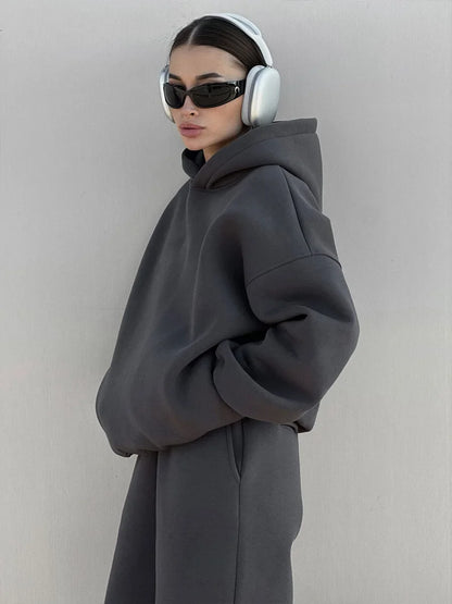 Wolfeel Solid Color Hoodies Pants  2-Pieces Sets Winter Thicken Fleece Women's Sweatshirt Oversized Fashion Warm Pullovers Sets