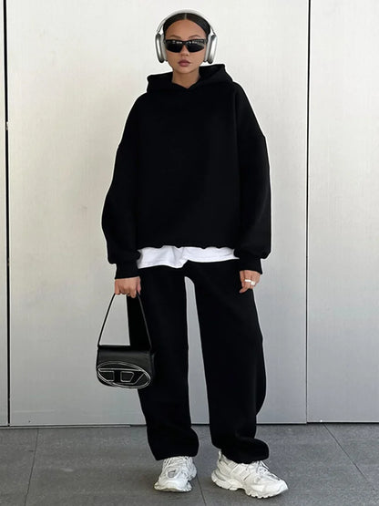 Wolfeel Solid Color Hoodies Pants  2-Pieces Sets Winter Thicken Fleece Women's Sweatshirt Oversized Fashion Warm Pullovers Sets