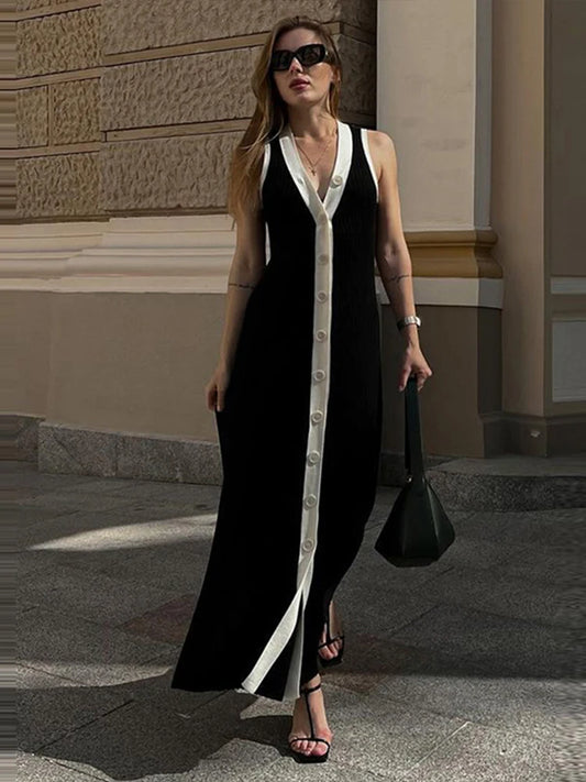 V-neck Contrast Knitted Women Dresses Sleeveless Split Sexy Slim Long Dress Single Breasted Elegant Ladies Casual Fashion Robe