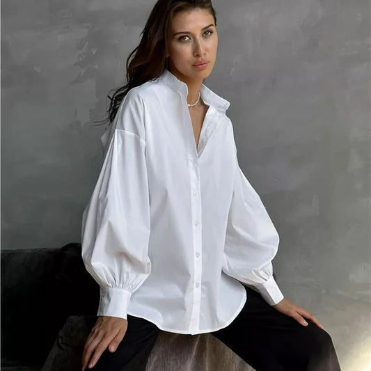 Stylish Lantern Sleeve Women White Shirt 2025 New Fashion Streetwear Oversized Blouses Casual Loose Stand Collar Female Shirts