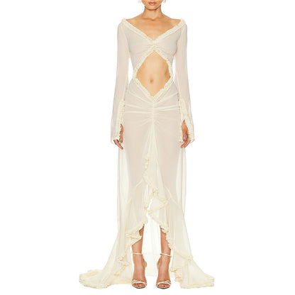 Women Sexy Mesh Sheer Maxi Dress Y2k Floral See Through Low Cut Backless Bodycon Fitted Long Dress Party Dress Night Gown