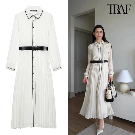TRAF Women's Colourful Lapel Pleated Dress Corseted Long Sleeve Single Breasted (With Belt) Long Dress Elegant Women's Clothing