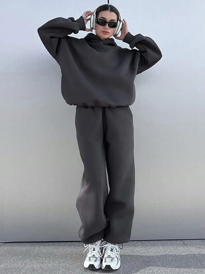 Wolfeel Solid Color Hoodies Pants  2-Pieces Sets Winter Thicken Fleece Women's Sweatshirt Oversized Fashion Warm Pullovers Sets