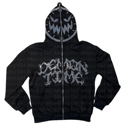 Men Zip Hoodie clothes Y2K Fashion Hoodie Rhinestones Letter graphics Print Hoodies Gothic Long Sleeve Sweatshirt Oversized Top