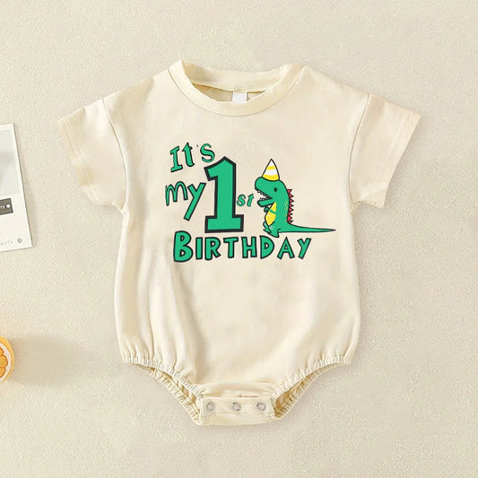 It's My First Birthday Print Baby Boy Bubble Romper Short Sleeve Oversized Bubble Bodysuit Birthday Party Infant Clothing