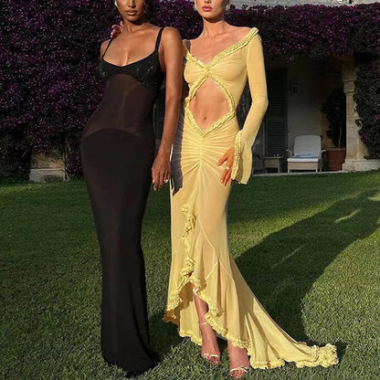 Women Sexy Mesh Sheer Maxi Dress Y2k Floral See Through Low Cut Backless Bodycon Fitted Long Dress Party Dress Night Gown