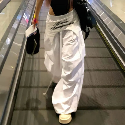 MEXZT Y2K White Cargo Pants Women Streetwear Embroidery Baggy Sweatpants Harajuku Wide Leg Joggers Summer Oversized Trousers New