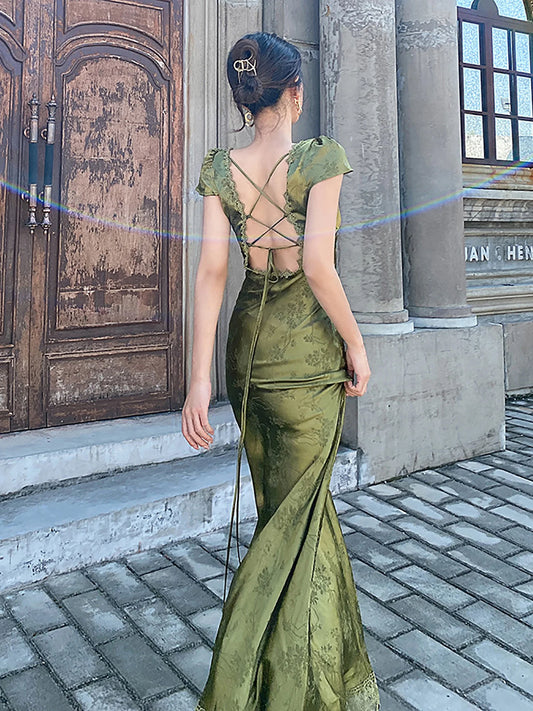 2025 New Summer Women's Long Dress Turquoise Green V-neck Backless Satin Jacquard Slim Elegant Party Evening Sexy Female Dresses