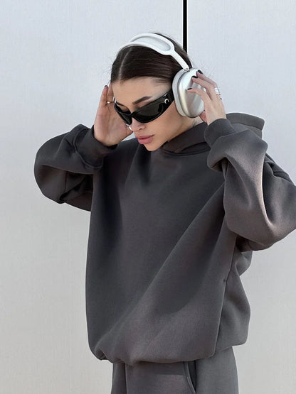 Wolfeel Solid Color Hoodies Pants  2-Pieces Sets Winter Thicken Fleece Women's Sweatshirt Oversized Fashion Warm Pullovers Sets