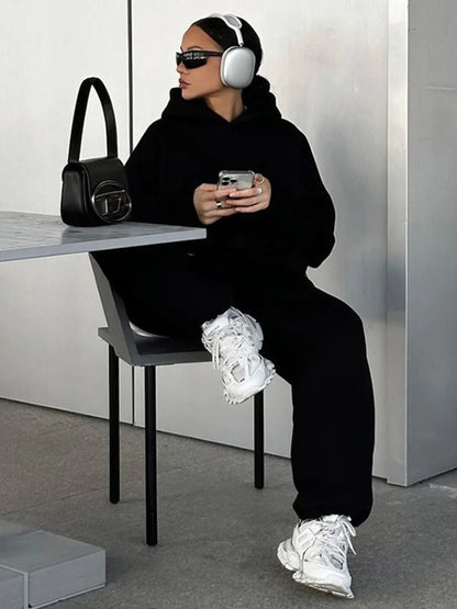Wolfeel Solid Color Hoodies Pants  2-Pieces Sets Winter Thicken Fleece Women's Sweatshirt Oversized Fashion Warm Pullovers Sets
