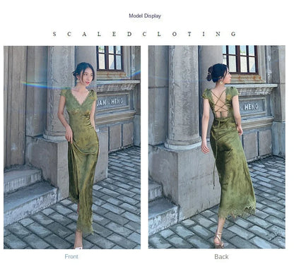2025 New Summer Women's Long Dress Turquoise Green V-neck Backless Satin Jacquard Slim Elegant Party Evening Sexy Female Dresses