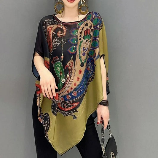 Women Summer Oversized Irregular Batwing Sleeve Chiffon T-shirt Female Clothing Y2k Graphic Tees Vintage Pullover Casual Tops