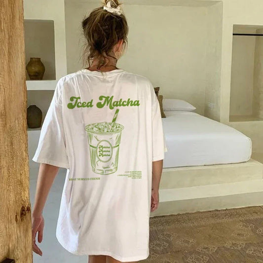 Iced Matcha Graphic Top Tees Short Sleeve Retro Aesthetic T-Shirts Cute Matcha Lover T Shirt Women Oversized Streetwear Clothing