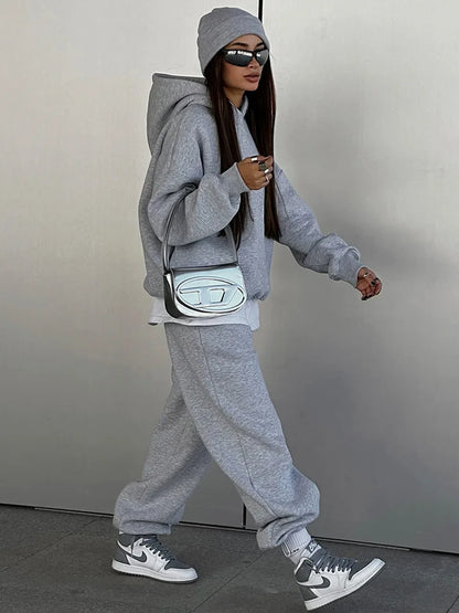Wolfeel Solid Color Hoodies Pants  2-Pieces Sets Winter Thicken Fleece Women's Sweatshirt Oversized Fashion Warm Pullovers Sets