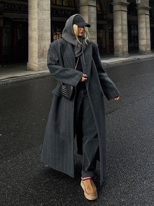 Vintage Women's Striped Woolen Overcoat Long Sleeve Fashion Lapel Oversized Coat 2025 Autumn Winter Commute Jacket for Ladies