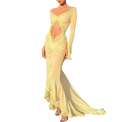 Women Sexy Mesh Sheer Maxi Dress Y2k Floral See Through Low Cut Backless Bodycon Fitted Long Dress Party Dress Night Gown