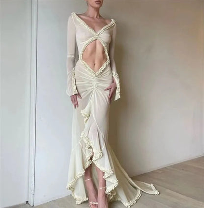 Women Sexy Mesh Sheer Maxi Dress Y2k Floral See Through Low Cut Backless Bodycon Fitted Long Dress Party Dress Night Gown