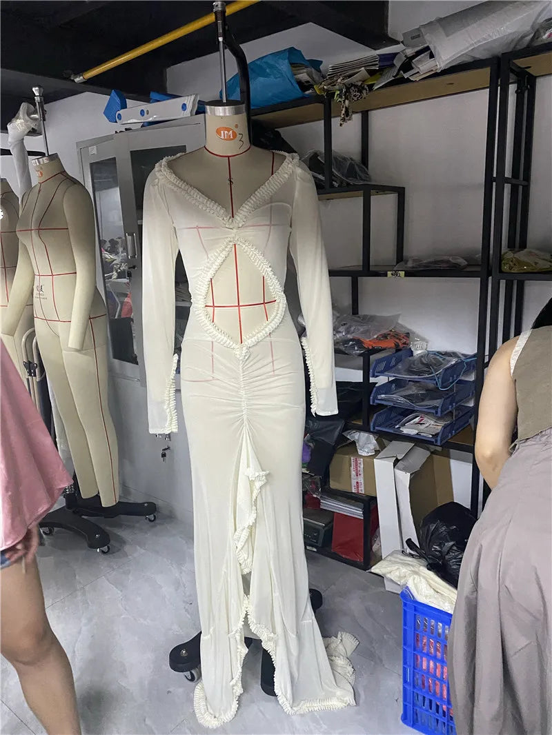 Women Sexy Mesh Sheer Maxi Dress Y2k Floral See Through Low Cut Backless Bodycon Fitted Long Dress Party Dress Night Gown
