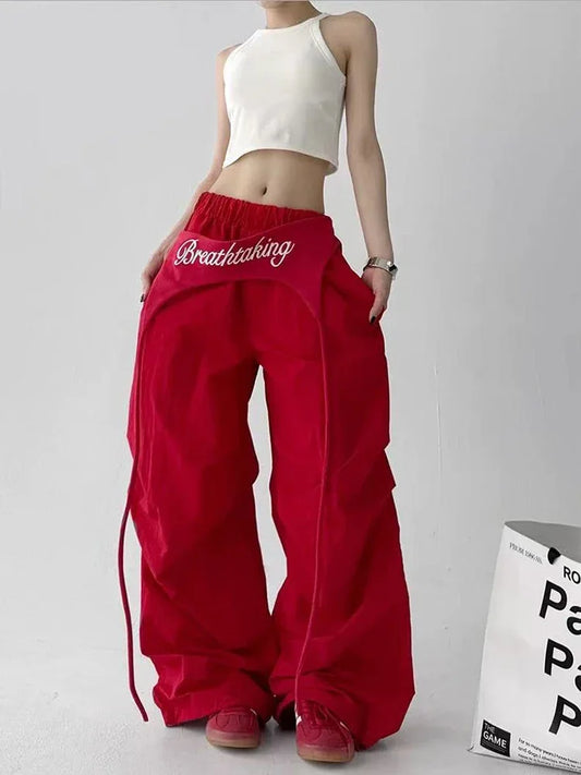 Y2K Red Patchwork Parachute Pants Women Summer Loose Streetwear Wide Leg Pants Female Hip Hop All Match Straight Trousers