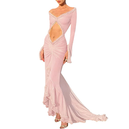 Women Sexy Mesh Sheer Maxi Dress Y2k Floral See Through Low Cut Backless Bodycon Fitted Long Dress Party Dress Night Gown