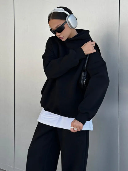 Wolfeel Solid Color Hoodies Pants  2-Pieces Sets Winter Thicken Fleece Women's Sweatshirt Oversized Fashion Warm Pullovers Sets